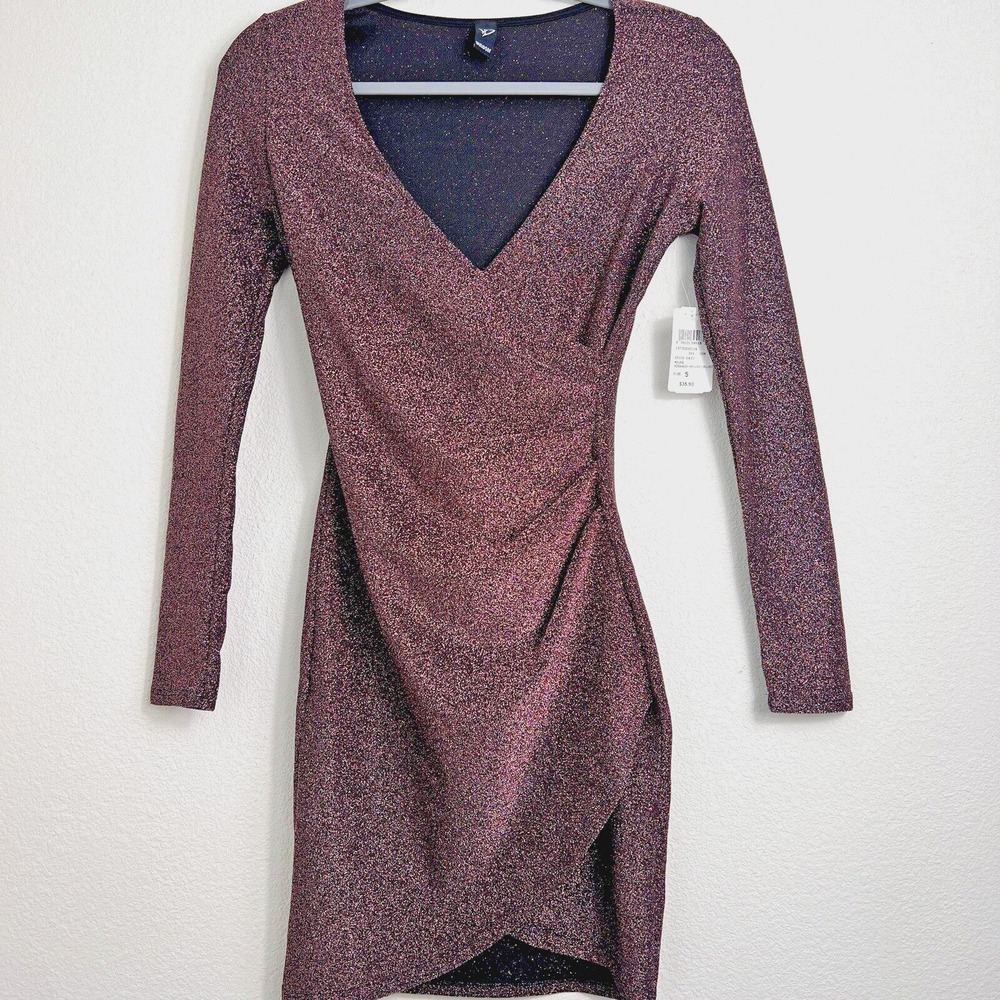 Windsor Shimmer Bodycon Mini Dress Sz S Plunge neckline wrap skirt cocktail - Picture 3 of 13